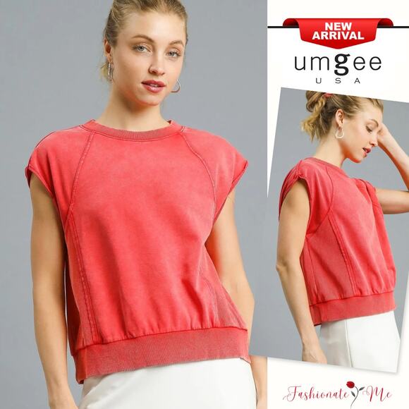 Umgee Round Neck Raglan Sleeves Vibrant Coral Relaxed Casual Ribbed Sweatshirt - Picture 1 of 4